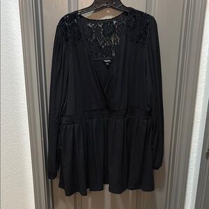 Black Surplice Blouse with Lace Yolk